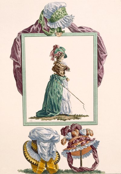 Jeune femme habillée en caraco pierrot tenant un fouet de voiture, gravée par Dupin, planche no.238 de 