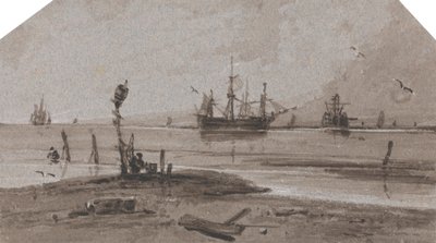 Navires ancrés au large dans une mer calme - Francois Louis Thomas Francia