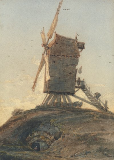 Moulin à vent sur une colline dans un paysage - Francois Louis Thomas Francia