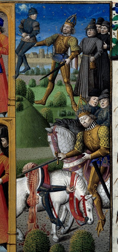 Scènes de la vie de Charlemagne (742-814) Roi des Francs : scène de combat. Singe. Miniature tirée du manuscrit Speculum historiale (Le Miroir historial) par Vincent de Beauvais (1184/94-1264) enluminée par le Maître François (15e siècle) - Maître François
