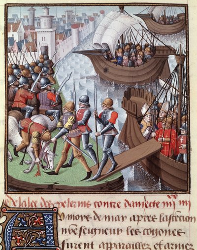 Septième Croisade : la flotte des Croisés dirigée par Saint Louis depuis Damiette en 1249. Miniature tirée du manuscrit "Le Miroir historial de Vincent de Beauvais", volume III du maître François (XVe siècle). Fol.418r. Musée Condé, Chantilly - Maître François
