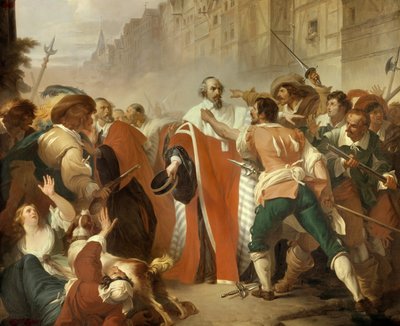 Le Garde des Sceaux Mathieu Molé (1584-1656) résistant aux factieux lors de la journée des barricades pendant la Fronde le 27 août 1648 La foule en colère exige la libération de Pierre Broussel arrêté en raison de son opposition aux nouvelles taxes proposé - Francois Xavier Dupre