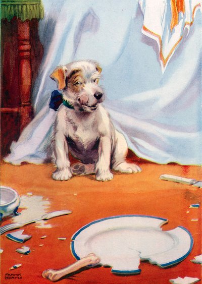 Chien avec une assiette cassée (lithographie en couleur) - Frank Adams