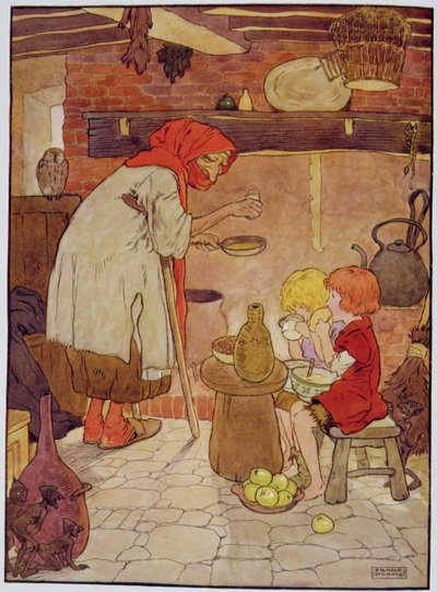Hansel et Gretel sont nourris par la sorcière, illustration de 
