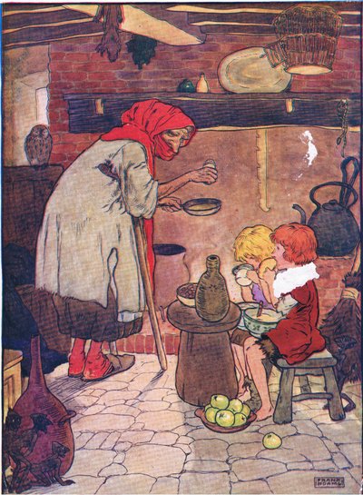 Elle les fit entrer et leur donna un magnifique souper, de Hansel et Gretel publié par Blackie & Son Limited, vers 1940 - Frank Adams