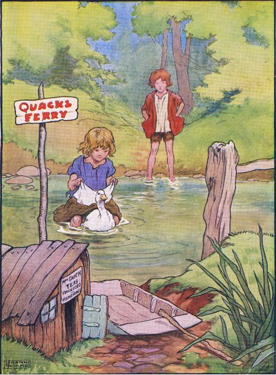 Le canard les a pris un par un sur son dos, de Hansel et Gretel publié par Blackie & Son Limited, vers 1940 - Frank Adams