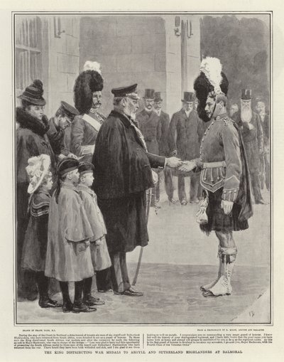 Le roi distribuant des médailles de guerre aux Argyll et Sutherland Highlanders à Balmoral - Frank Dadd