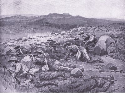 Avec les Bushmen impériaux du Queensland à Rhenoster Kop le 29 novembre 1900, illustration de Après Pretoria : La Guerre de guérilla - Frank Dadd
