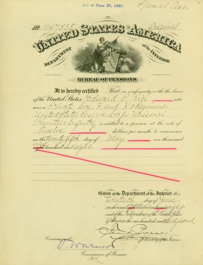 Avis de droit à pension pour Edward Parker Rice, 20 juin 1908 - Frank Pierce