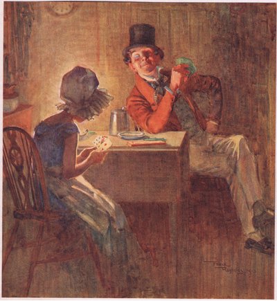 La marquise tenant ses cartes très serrées dans les deux mains, considérant laquelle jouer, c.1920 (lithographie en couleur) - Frank Reynolds