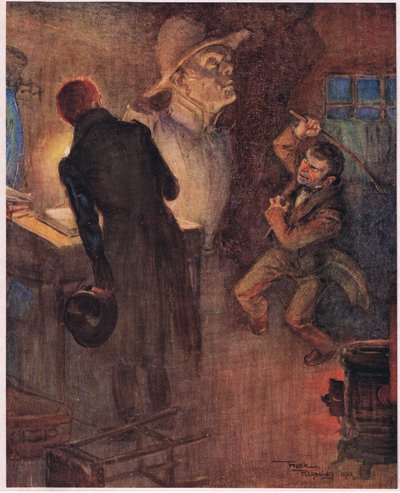 Le nain jeta le journal dont il chantait déjà les mots cités et saisissant une barre de fer rouillée, c.1920 (lithographie en couleur) - Frank Reynolds