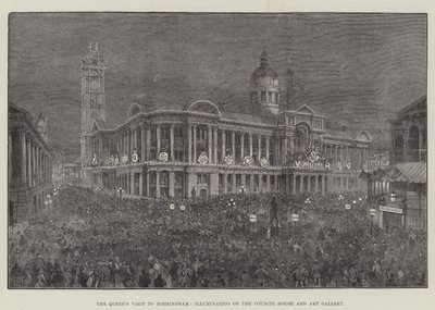 La visite de la reine à Birmingham, illumination de la maison du conseil et de la galerie d