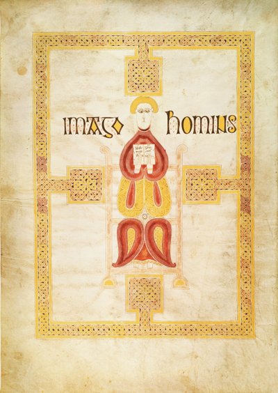 Lat 9389 f.18v Symbole de Matthieu, `Imago Hominus, Lindisfarne, du Livre des Évangiles d