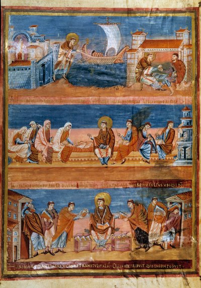 Saint Jérôme quittant Rome et payant son maître à Jérusalem (en haut), travaillant avec ses scribes (au centre) et distribuant la Vulgate (en bas). Miniature dans « Première Bible de Charles le Chauve, également connue sous le nom de Bible de Vivien » (Fol - Frankish School
