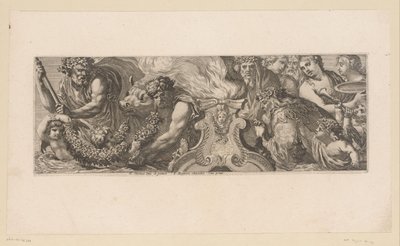 Représentation mythologique avec des dieux vénérant un autel dans l
