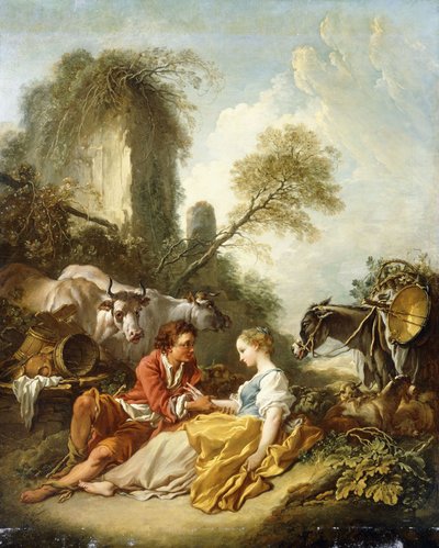 Un paysage pastoral avec un berger et une bergère assis près de ruines - François Boucher