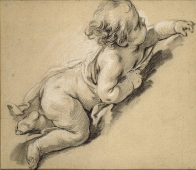 Un putto allongé à droite (craie sur papier) - François Boucher
