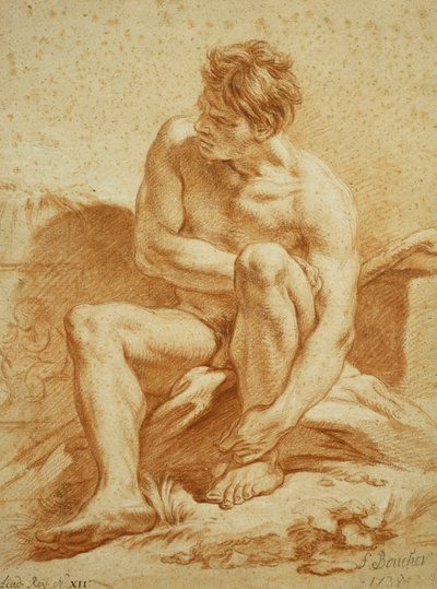 Un nu assis avec un bâton, un relief avec des putti à gauche, 1738 - François Boucher