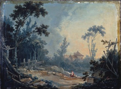 Paysage boisé avec des bâtiments au loin - François Boucher