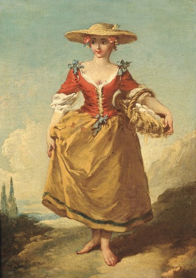 Jeune paysanne dans un paysage portant un panier d