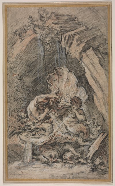 Fontaine avec deux tritons soufflant dans des coquillages - François Boucher