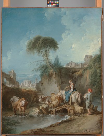 Paysage avec bâtiments lointains et une bergère - François Boucher