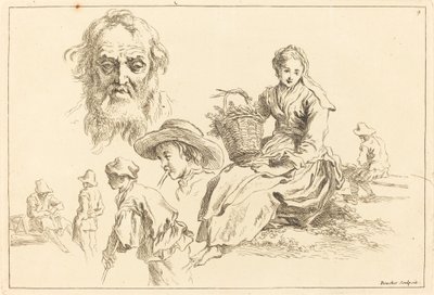Études de figures incluant le visage barbu d