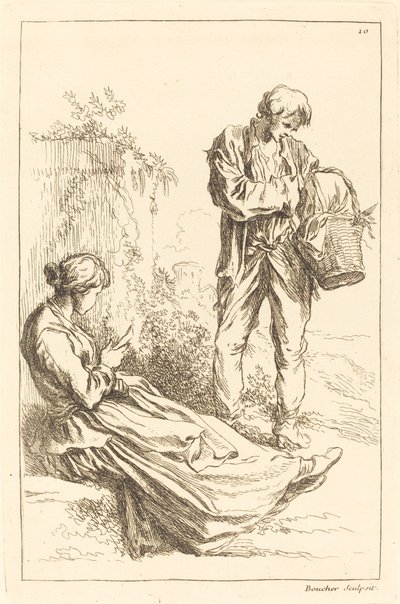 Femme assise avec un garçon paysan tenant un panier - François Boucher after Abraham Bloemaert