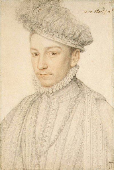 Portrait du roi Charles IX de France par François Clouet. Craie noire et sanguine sur papier, taille : 33,5x22,5 - François Clouet