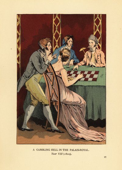 Incroyables à la mode en vestes à col haut à une table de jeu avec une jeune femme et un croupier. Un enfer du jeu au Palais Royal, An VIII - François Courboin