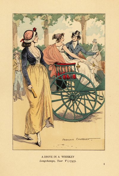 Couple à la mode conduisant une voiture à cheval ou un gig à Longchamps, Paris, An V - François Courboin