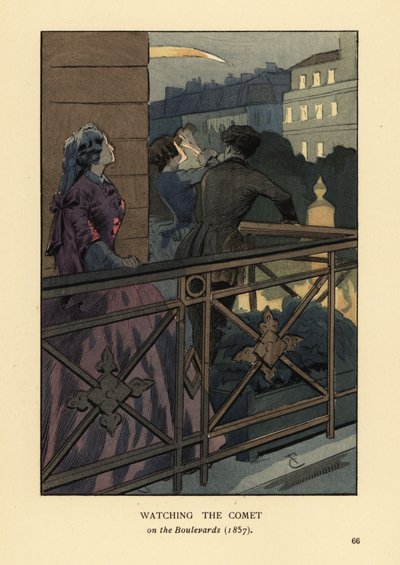 Gens à la mode regardant la comète de 1857 depuis un balcon de boulevard, Paris. Femme en crinoline avec des jumelles. Lithographie coloriée à la main par R.V. d