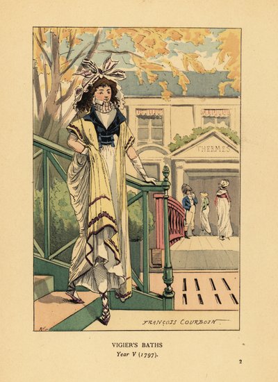 Femme à la mode ou Merveilleuse devant les Bains Vigier sur les rives de la Seine, An V - François Courboin