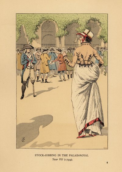 Femme à la mode avec un groupe de spéculateurs ou agioteurs, Paris. Un soldat révolutionnaire unijambiste monte la garde. Spéculation boursière au Palais Royal, An VII - François Courboin