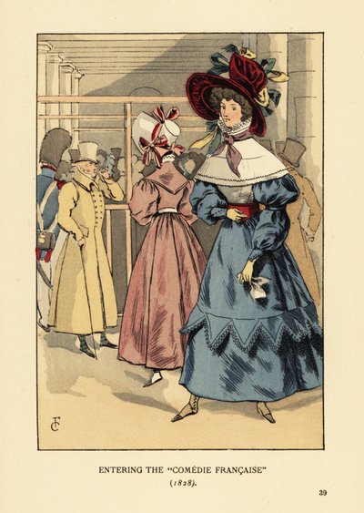 Femmes à la mode au théâtre, Paris. Femme en grand bonnet avec rubans, robe à col haut, cape en dentelle ou pèlerine et manches bouffantes. Entrée à la Comédie-Française - François Courboin