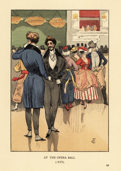 Fops en manteau à queues, gilet, pantalon serré et bas blancs. Personnes en costume de fantaisie et masques derrière eux. Au bal de l