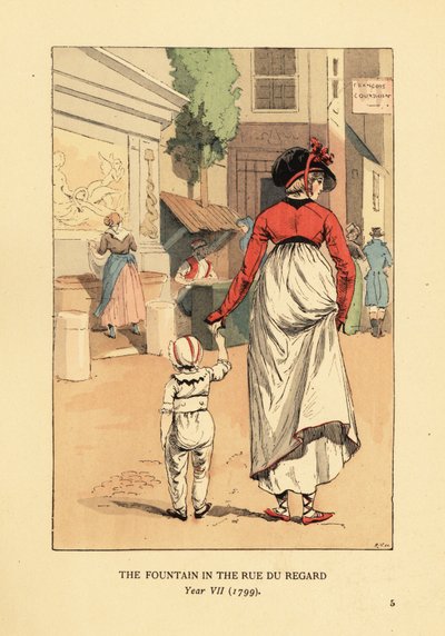 Femme et enfant devant la Fontaine de Léda, Fontaine de Léda, rue du Regard, Paris, An VII - François Courboin