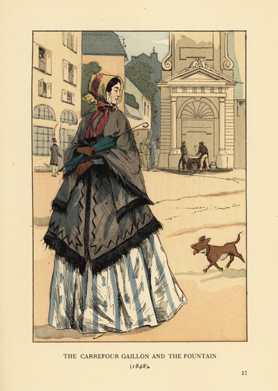 Femme devant la fontaine de la Place Gaillon, Paris. Elle porte un châle en cachemire avec des trous pour les bras appelé la visite sur sa crinoline. Le carrefour Gaillon et la fontaine - François Courboin