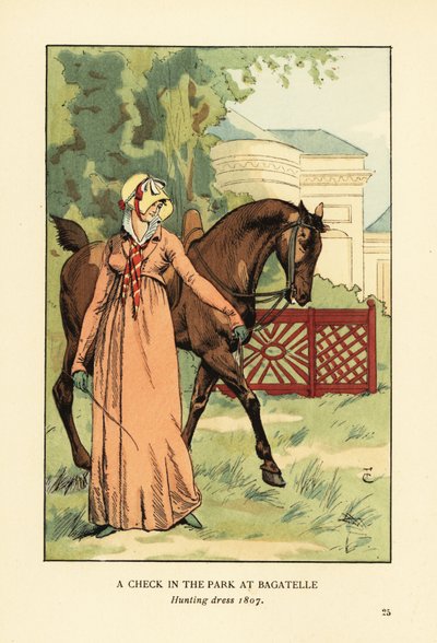 Femme en tenue de chasse, bonnet et foulard menant un cheval dans le Parc de Bagatelle, Bois de Boulogne, Paris - François Courboin