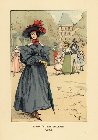 Femme se promenant en tenue du dimanche dans le parc. Elle porte un chapeau à large bord, une robe à manches bouffantes, des bottines et un parasol. Dimanche au jardin des Tuileries - François Courboin