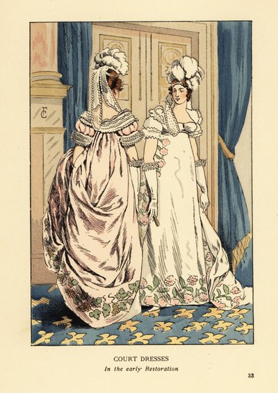Femmes avec coiffes à plumes et robes brodées luxueuses, cour du roi Louis XVIII, vers 1817. Intérieur avec rideaux bleus et tapis fleur de lys. Robes de cour au début de la Restauration, Paris. Lithographie coloriée à la main par R.V. d