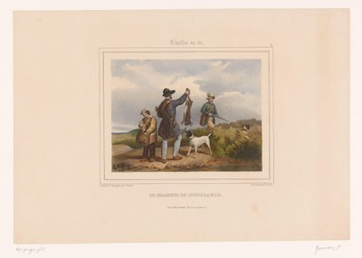 Chasseur montrant son lièvre abattu à un autre chasseur (Le chasseur en jouissance) (Chasses au Tir) - François Grenier