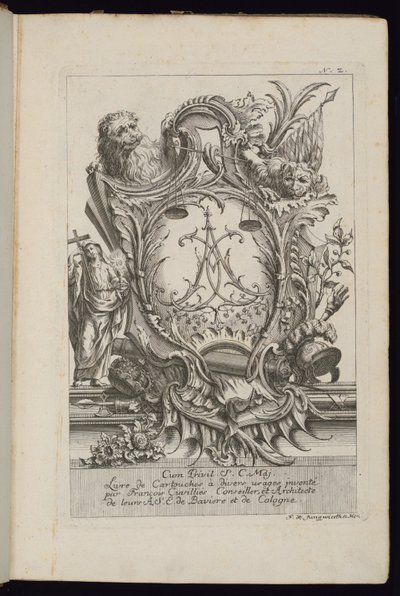 Cartouche avec deux lions et un chiffre, Livre de Cartouches à divers usages - François de Cuvilliés the Elder