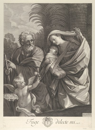 La Fuite en Égypte, la Sainte Famille marchant ensemble, Saint Joseph pointant vers..., vers 1648-81 - François de Poilly