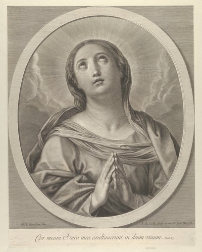 La Vierge en prière, regardant vers le haut avec des nuages derrière elle, dans un cadre ovale, d