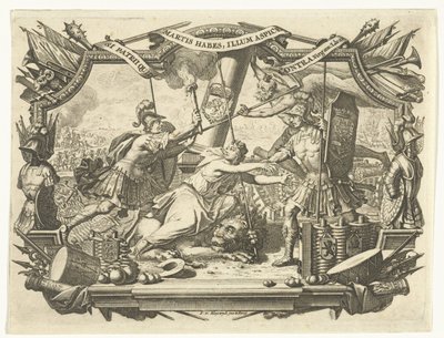 La vierge hollandaise attaquée par un soldat et protégée par le Père Temps dans un cadre avec trophées d