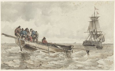Huit hommes dans une barque près d