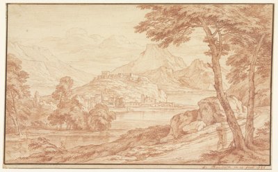 Paysage avec un village au bord de l