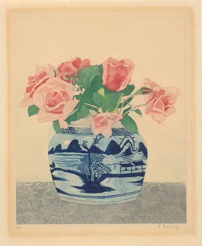 Roses roses dans un pot de gingembre avec décorations chinoises - Frans Everbag (signed by artist)