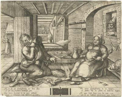 Cordonnier et sa femme buvant de la bière dans une pièce - Frans Hogenberg